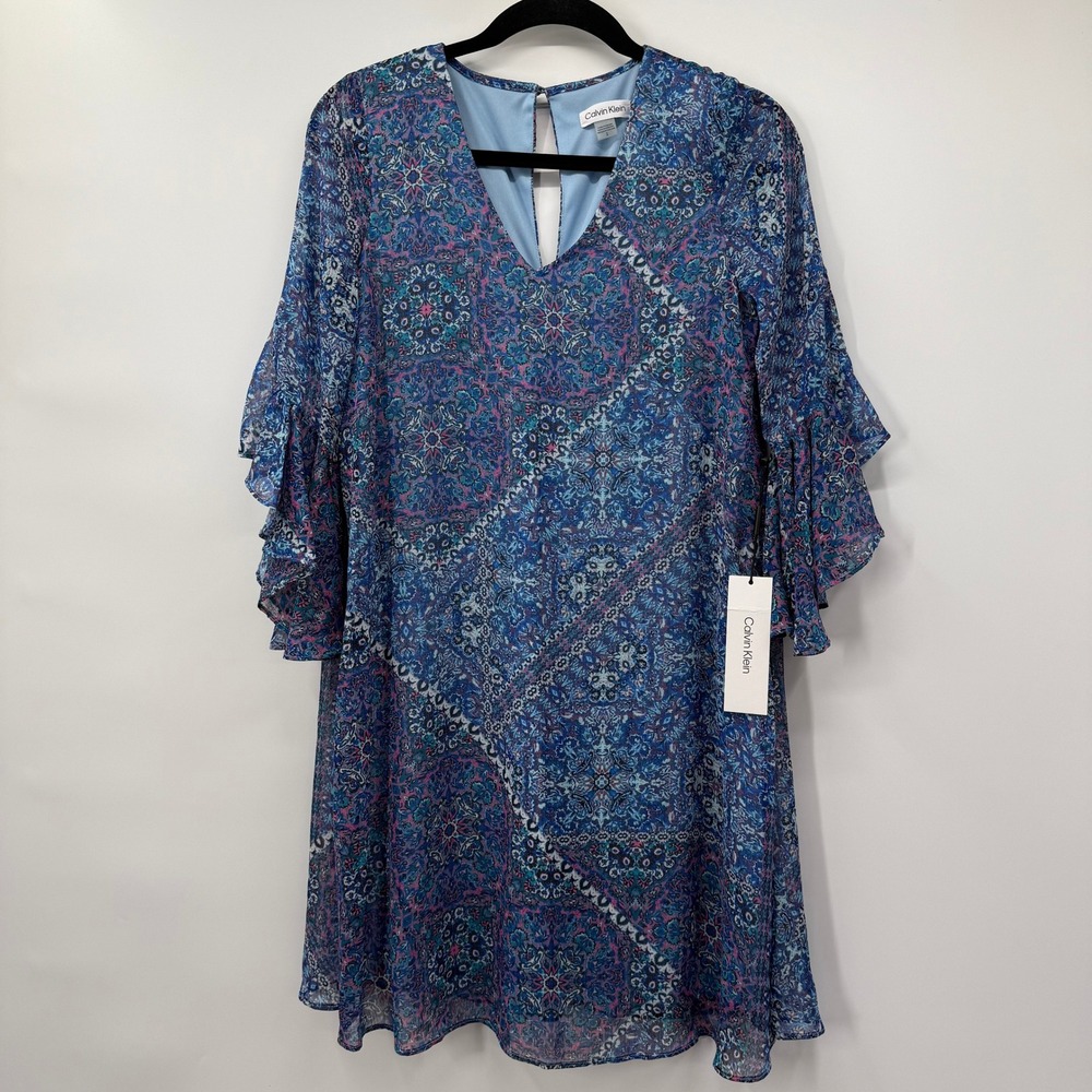 Calvin Klein Womens 2 Shift Dress Blue Paisley Ruffle Bell Sleeve V-Neck NWT